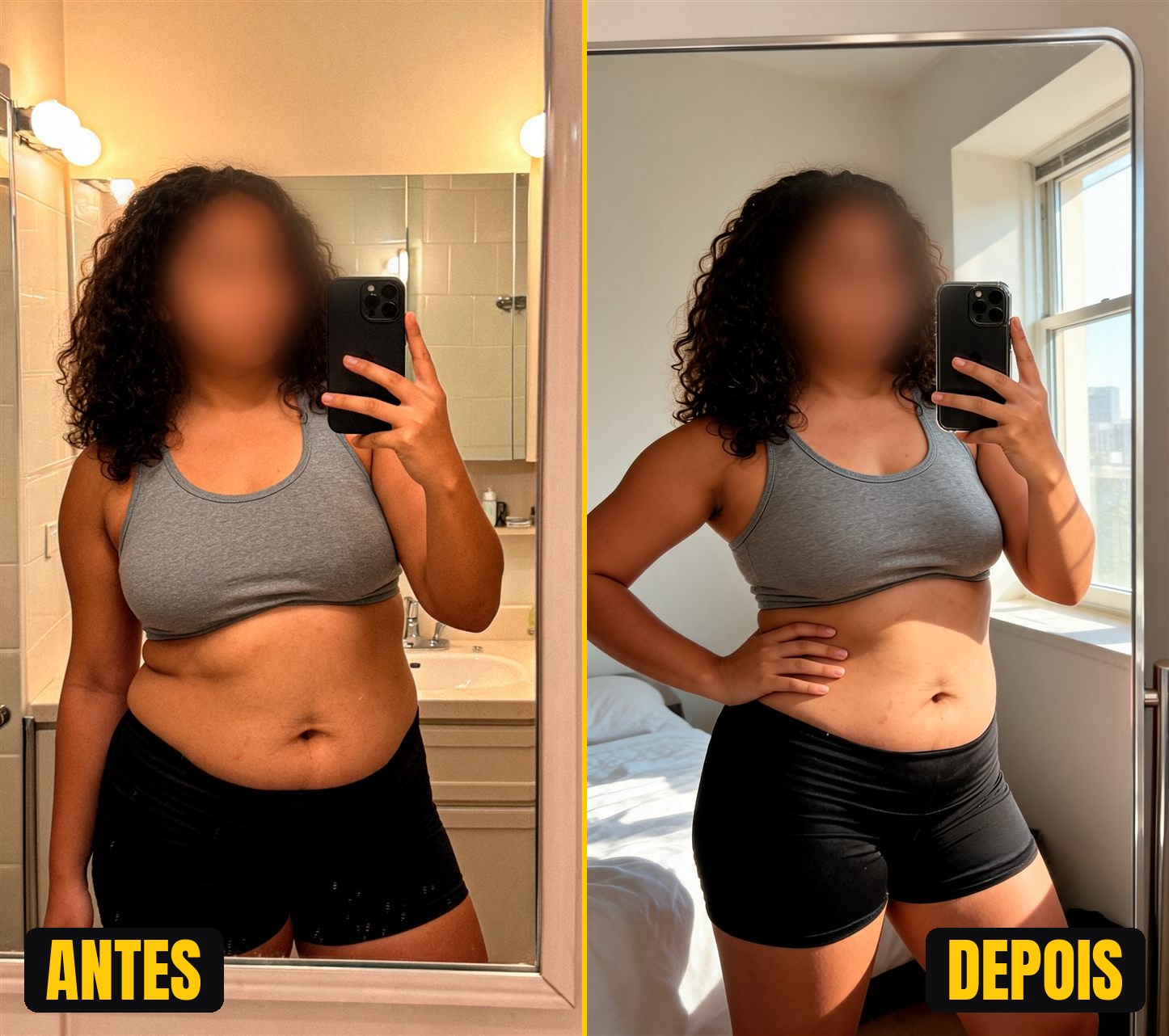 Gabriela, 32 anos. Antes e depois: perdeu 11 cm de medida na cintura