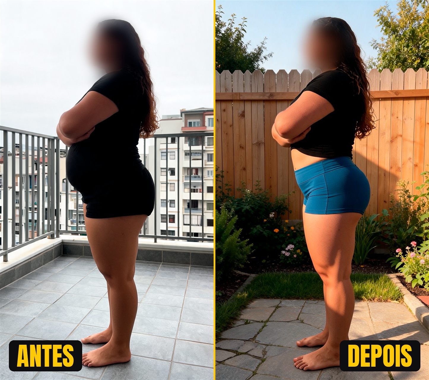 Gabriela, 32 anos. Antes e depois: perdeu 11 cm de medida na cintura